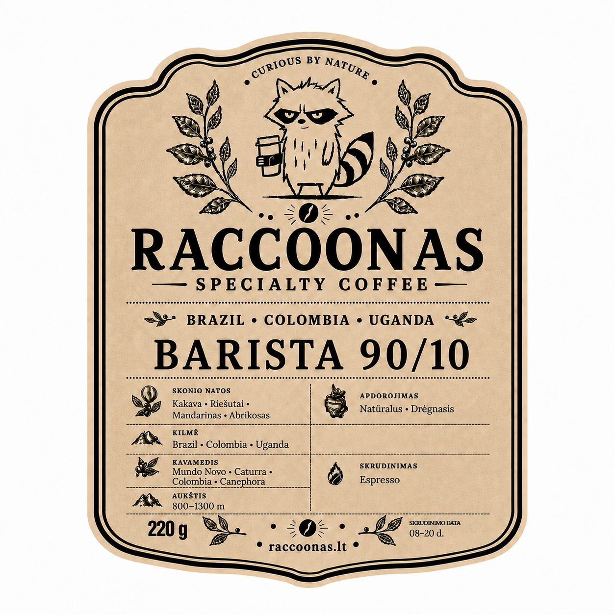 Raccoonas Barista 90/10 espreso kava 220g etiketė