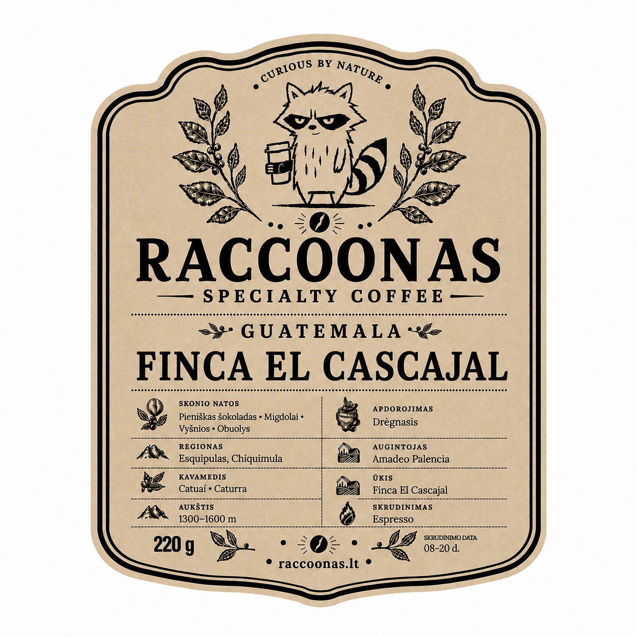 Raccoonas Guatemala Finca El Cascajal specialty kava 220g etiketė